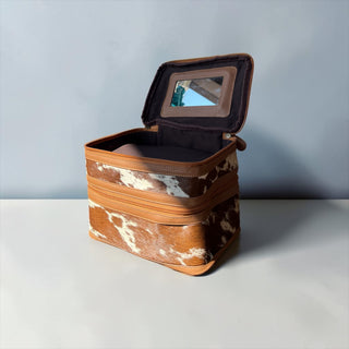 Tan leather & cowhide makeup box