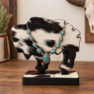 Tan all cowhide buffalo necklace display