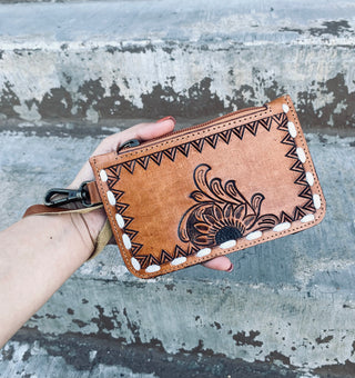 Flower Tooled Wristlet Pouch