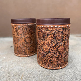 Tooled Leather Basket Bin