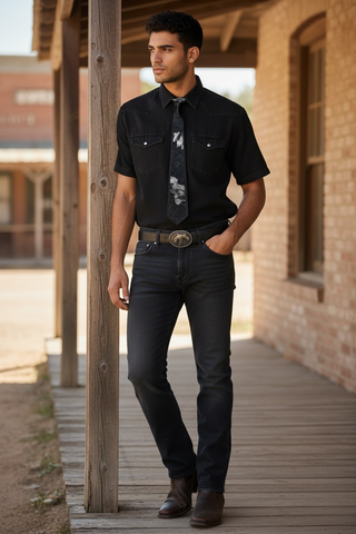 Black tooled leather & cowhide tie