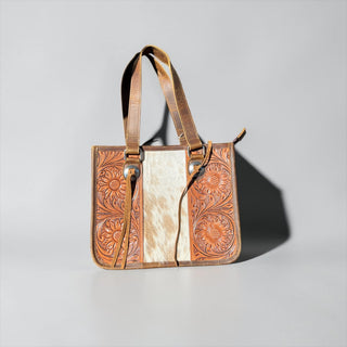 Tan tooled leather & cowhide shoulder bag