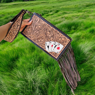 Cards tooled leather fringe wristlet