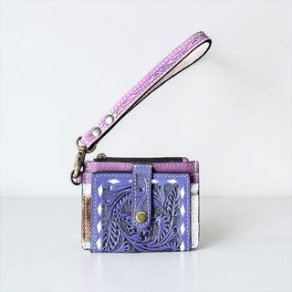 Purple tooled leather wristlet wallet
