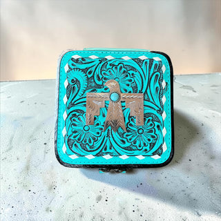 Turquoise tooled leather & cowhide jewelry box