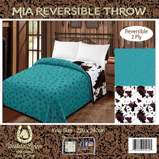Reversible king Mia blanket - turquoise branded/ cowprint