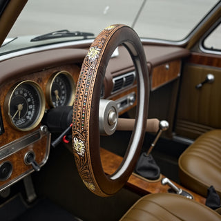 Cowgirl bloom tooled leather steering wheel cover