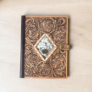 Diamond tooled leather & cowhide book cover
