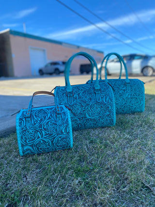 Small Turquoise Floral Tooled Leather Speedy Duffle Bag