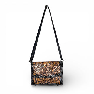 Brown tooled leather crossbody bag