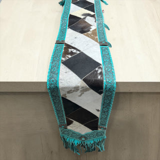 Turquoise tooled leather & cowhide table runner