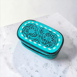 Turquoise tooled leather mini jewelry box