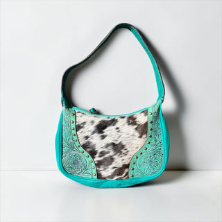 Turquoise tooled leather & cowhide shoulder bag