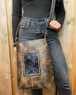 Black Rustic Leather & Tooled Floral Crossbody