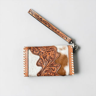 Brown cards tooled leather & cowhide wallet