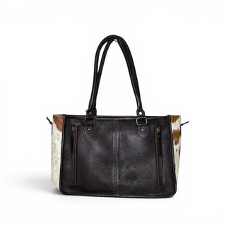 Brown tooled leather & cowhide tote bag