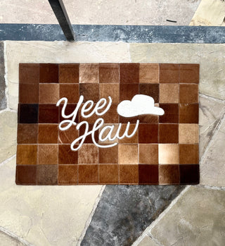 Yeehaw cowhide patchwork doormat
