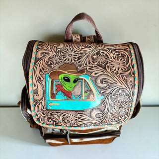 Area 51 tooled leather & cowhide backpack