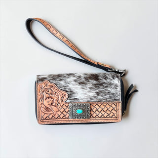 Brown tooled leather & cowhide wallet