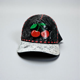 Black Cherry tooled leather & cowhide cap