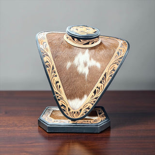 Brown tooled leather & cowhide necklace display