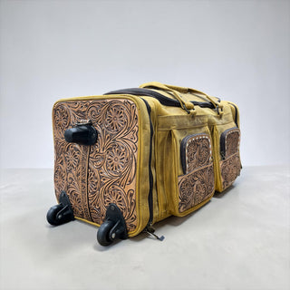Yellow Tooled leather rolling duffle bag