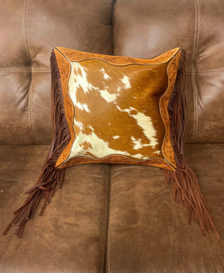 Cowhide Fringe Tooled Leather Pillow