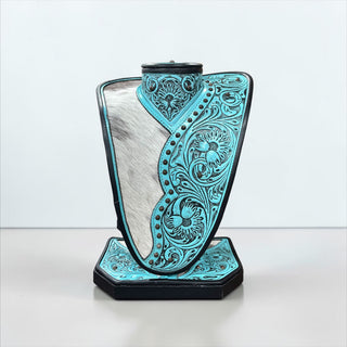 Turquoise tooled leather & cowhide necklace display