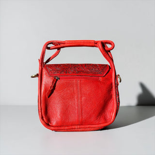 Red tooled leather & cowhide shoulder bag
