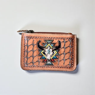 Skull tooled leather coin pouch