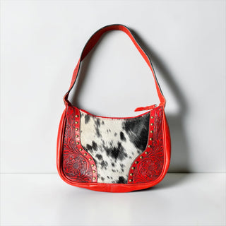 Red tooled leather & cowhide shoulder bag