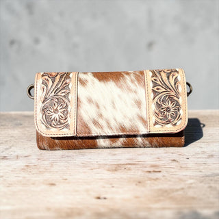 Floral tooled leather crossbody wallet