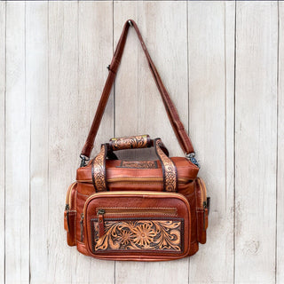 Rodeo-ready tooled leather lunch bag