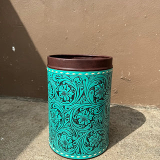 Turquoise Tooled Leather Basket Bin