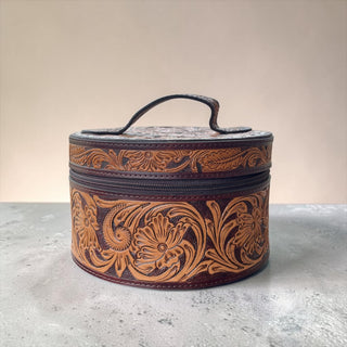 All tooled leather round jewelry box