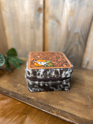 Skull and Sunflowers Cowhide and Tooled Mini Jewelry Box