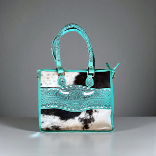 Turquoise tooled leather & cowhide tote bag