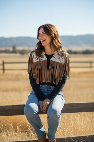 Tan cowhide fringe capelet