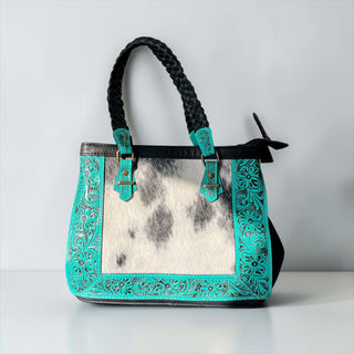 Turquoise tooled leather & cowhide shoulder bag