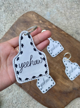 White Yeehaw Leather Cowhide Keychain 1pc