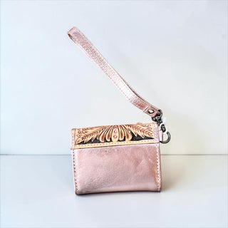 Rose gold tooled leather wristlet wallet