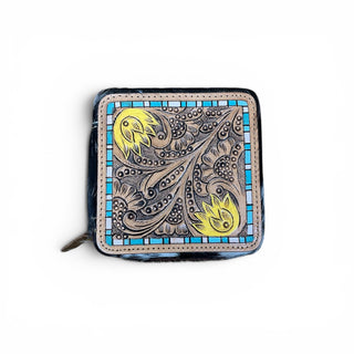 Yellow blossom tooled leather & cowhide jewelry box