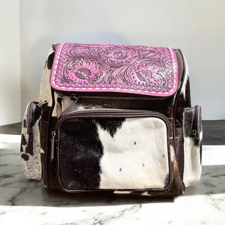 Pink floral tooled leather & cowhide backpack