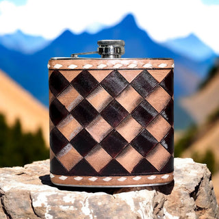 16oz Brown checkered tooled leather flask