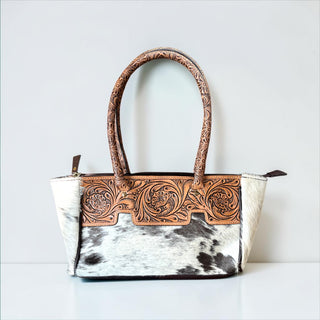 Cowhide & tooled leather shoulder bag