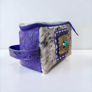 Purple tooled leather & cowhide buckle makeup bag