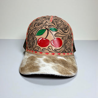 Cherry tooled leather & cowhide cap