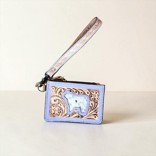 Violet tooled leather & cowhide coin pouch