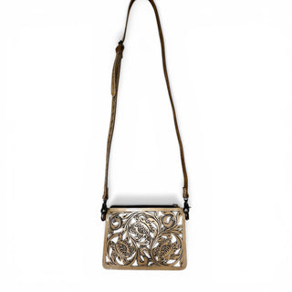 Tan floral tooled leather crossbody bag