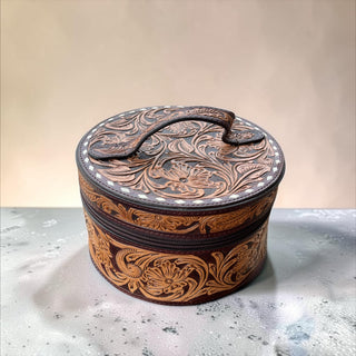 All tooled leather round jewelry box